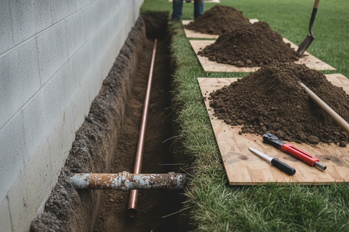 Excavated water line trench during Sewer Line Repair in Colmesneil
